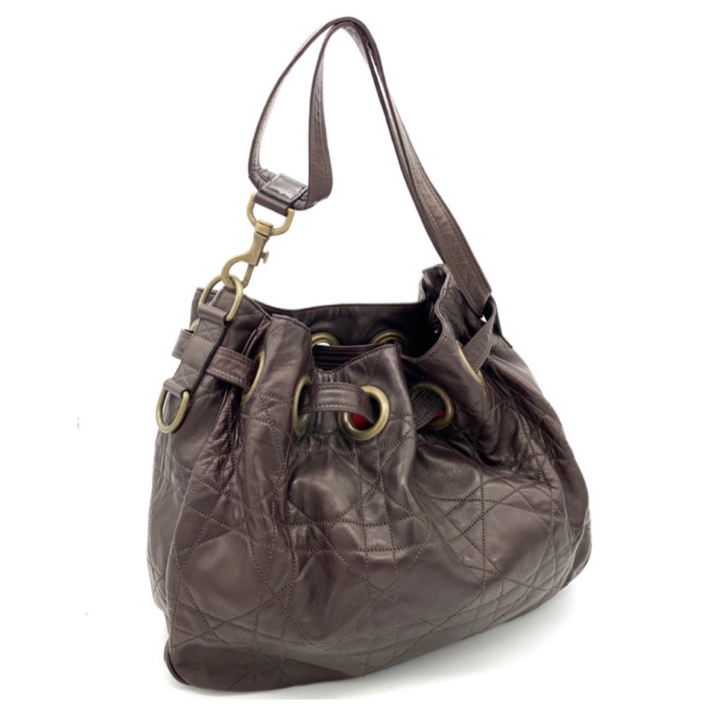 Christian Dior Vintage Brown Quilted Leather Cannage Drawstring Bucket Bag